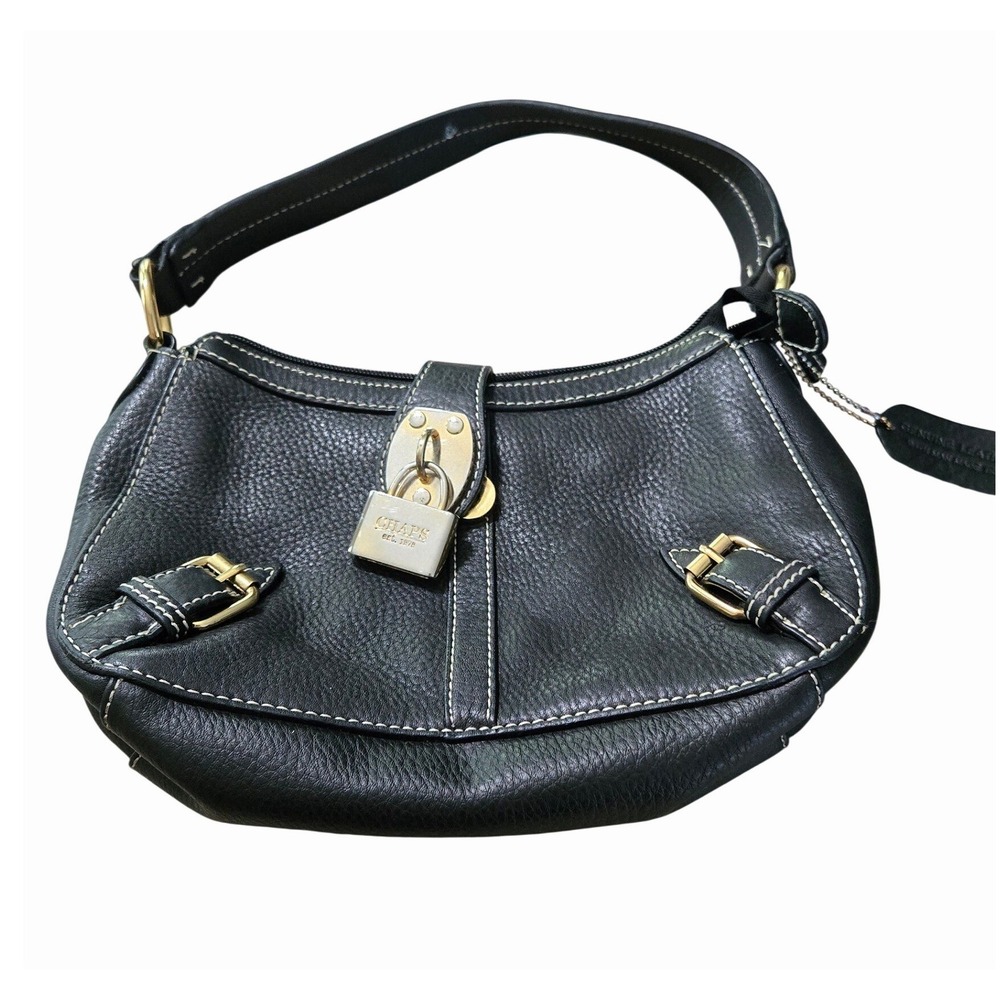 Chaps Black Pebbled Leather Y2K Shoulder Bag‎ Padlock Buckle East West Purse